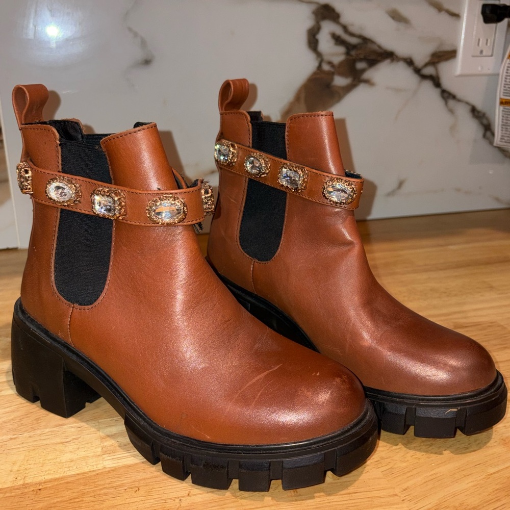 Steve Madden Brown Ankle Boots with Jewel Strap